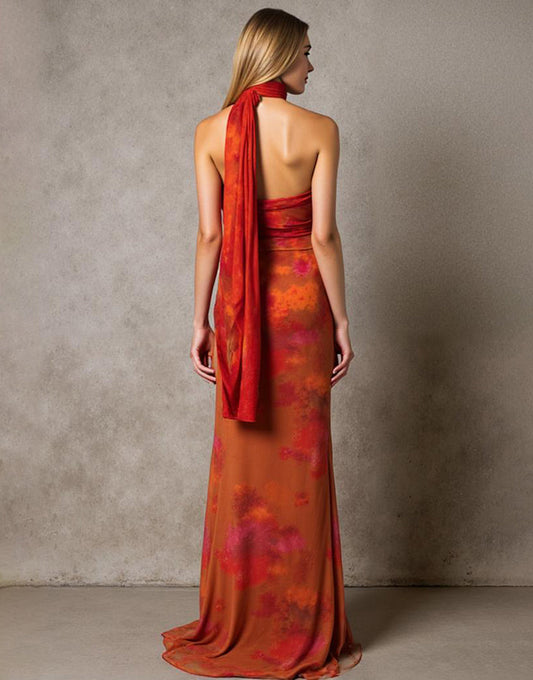 Robe de soirée maxi bustier imprimée gaine Cabernet avec ceinture