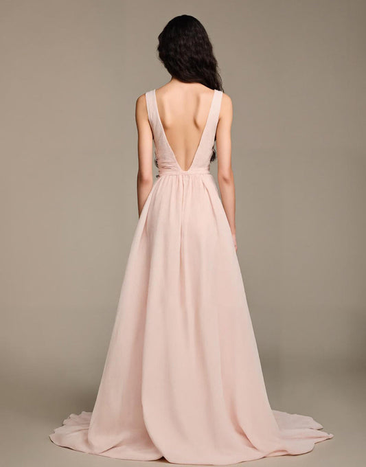 Robe de soirée trapèze rose clair à col en V