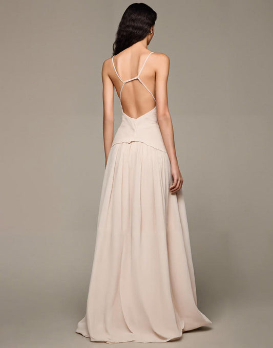 Robe de soirée longue trapèze à col en V abricot avec fleurs 3D