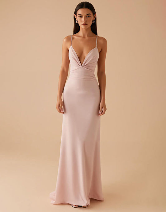 Robe de soirée longue en satin fourreau rose clair