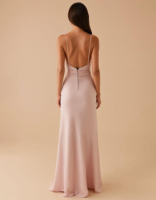 Robe de soirée longue en satin fourreau rose clair