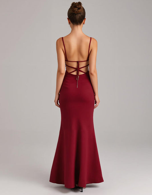 Robe de soirée sirène à lacets bordeaux