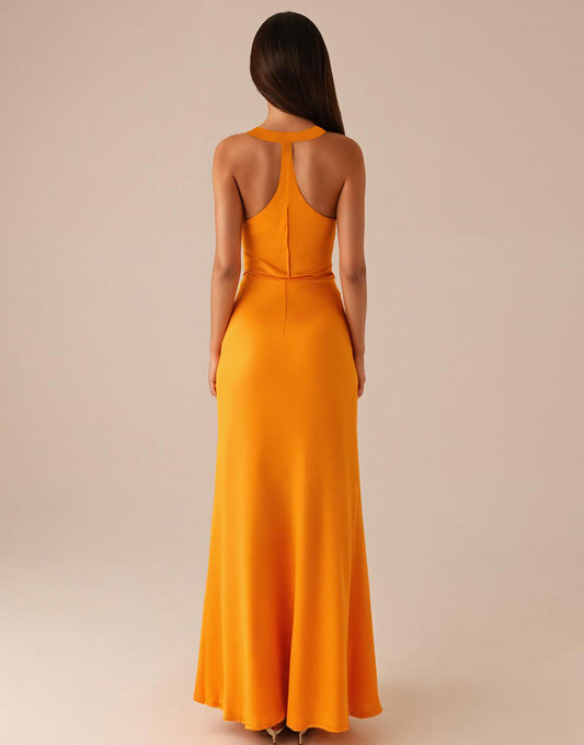 Robe longue de soirée jaune à col rond et sans manches