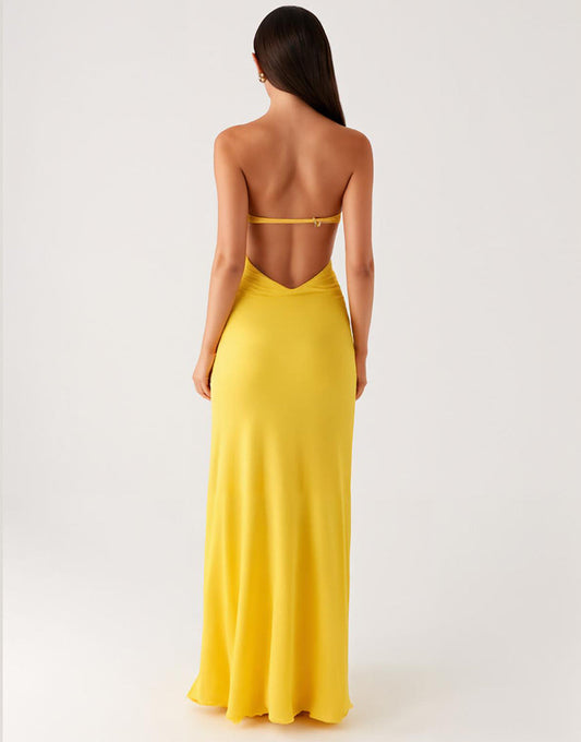 Robe formelle bustier en mousseline de soie jaune