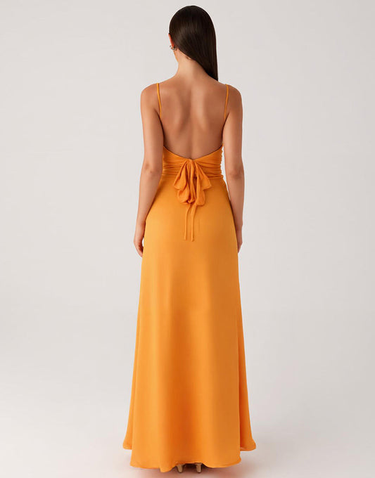 Robe formelle en mousseline de soie à bretelles spaghetti jaunes