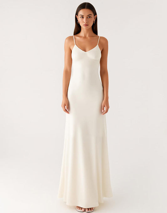 Robe formelle dos nu à bretelles spaghetti ivoire fourreau