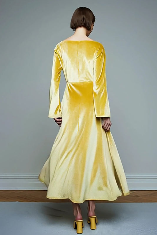 Robe de fête à manches longues en velours a-ligne jaune