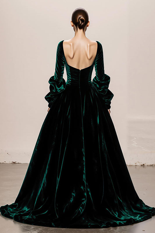 Robe de soirée maxi à manches longues en velours vert foncé