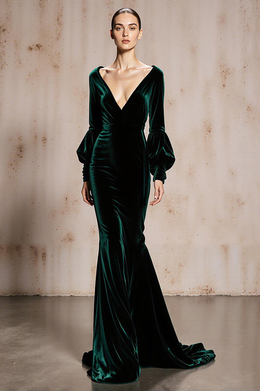 Robe de soirée maxi en velours sirène vert foncé à manches longues