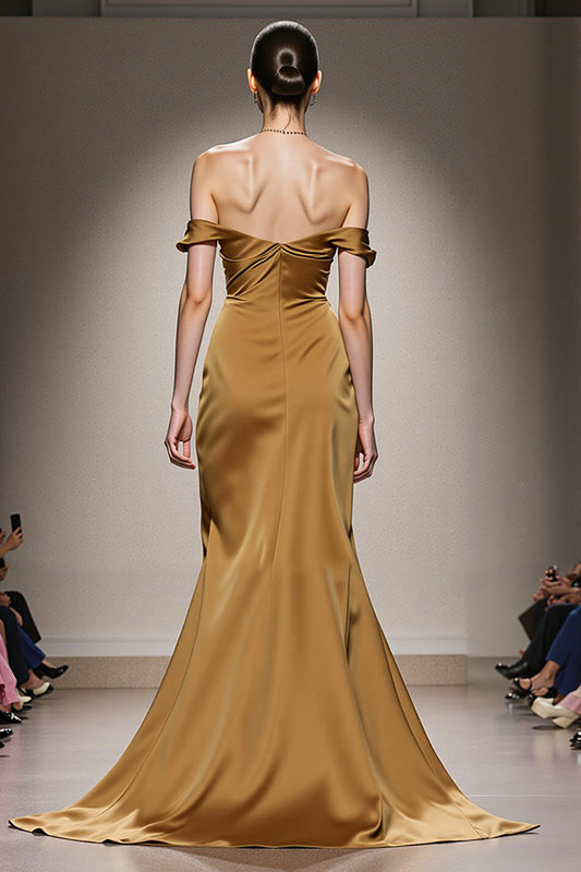 Robe de soirée sirène en satin jaune à épaules dénudées