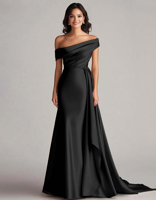 Robe de bal longue plissée à une épaule, en style sirène améthyste avec train chapelle