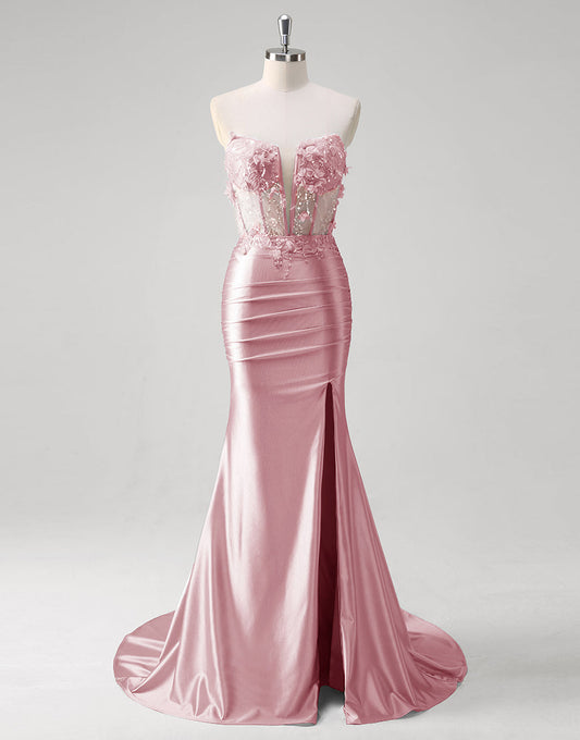 Robe de bal longue sirène sans bretelles à paillettes blush avec appliques