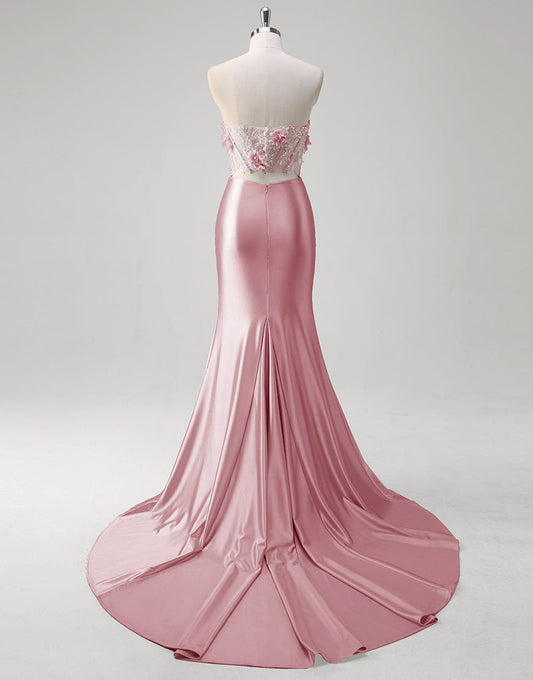 Robe de bal longue sirène sans bretelles à paillettes blush avec appliques