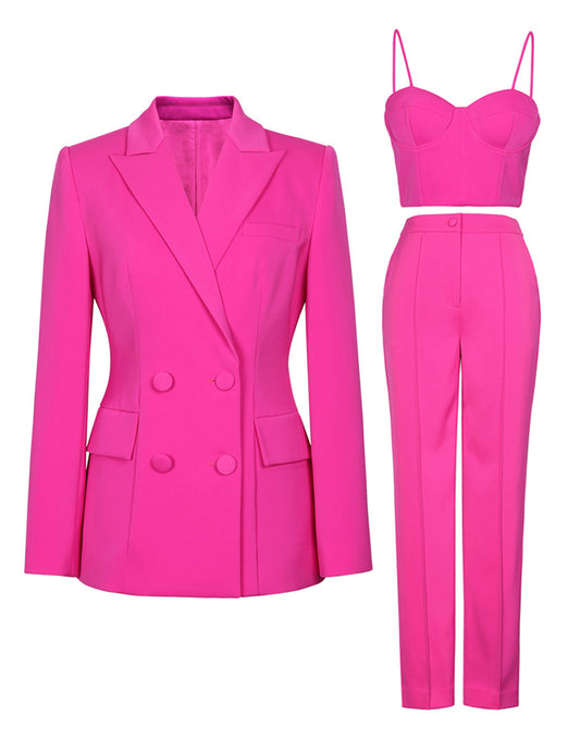Costumes féminins slim fit en trois pièces avec revers pointus en rose pâle pourpre à double rangée