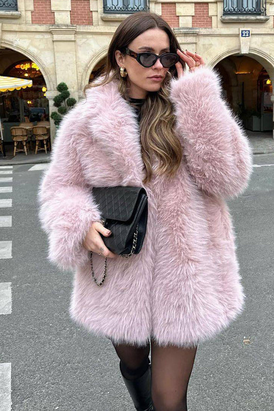 Shearling rose à l’avant ouvert en fausse fourrure Long manteau hirsute