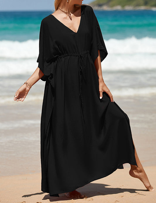 Caftan décontracté couleur unie longue robe ample à col en V