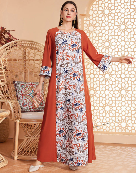 Robe ample imprimée à manches 3/4 et col rond de style classique