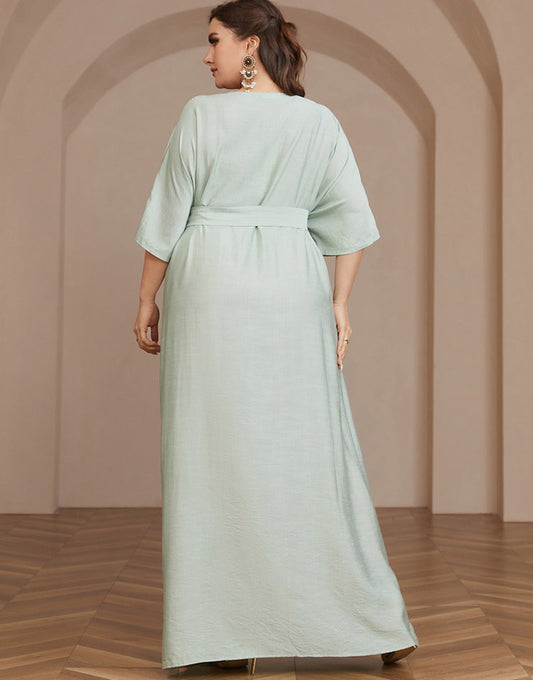 Robe Kaftan Abaya Brodée Grande Taille Gris Vert
