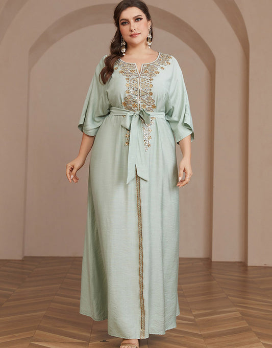 Robe Ample à Col Rond Ceinturée avec Manches 3/4 en Polyester