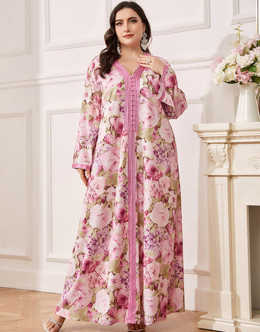 Robe Longue à Col en V avec Imprimé Fleuri