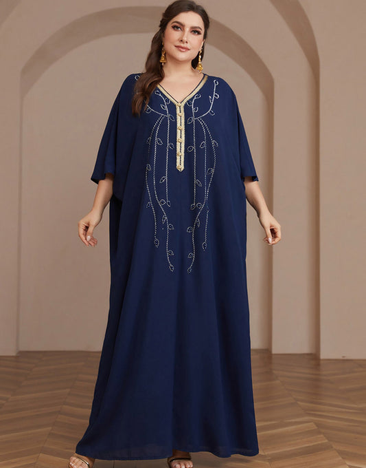 Robe caftan Abaya à manches longues et perles bleu marine
