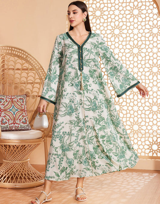 Caftan marocain Abaya en mousseline de soie florale verte