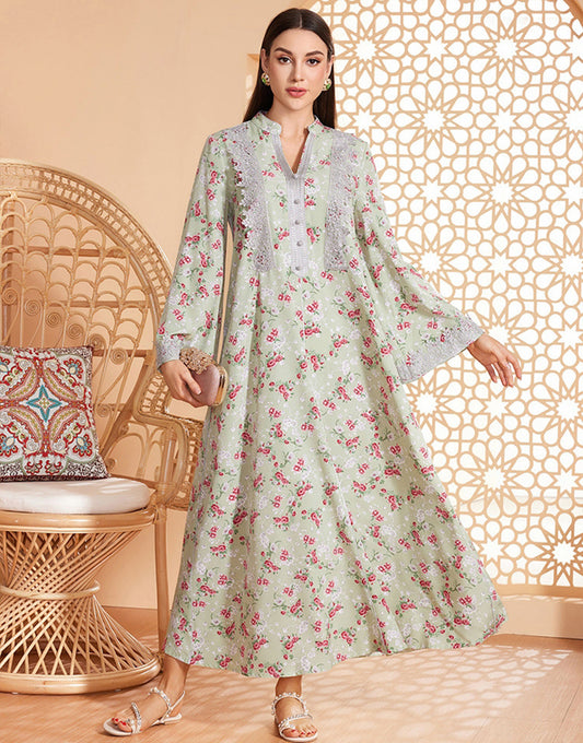 Robe Longue en Tissu Tissé à Col en V avec Manches Longues et Imprimé Fleuri