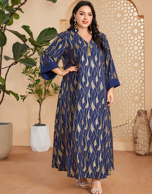 Robe Longue à Col en V avec Manches Longues