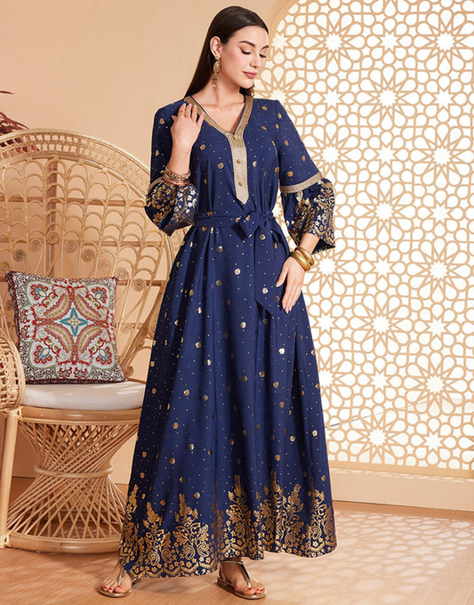 Robe Longue Évasée à Col en V avec Manches Longues et Imprimé Abstrait en Feuille d'Or