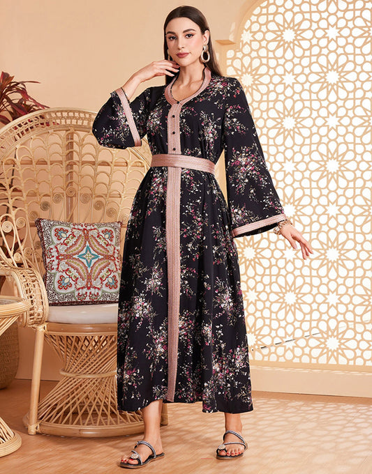 Robe Longue Évasée à Col Rond avec Imprimé Floral en Tissu Tissé