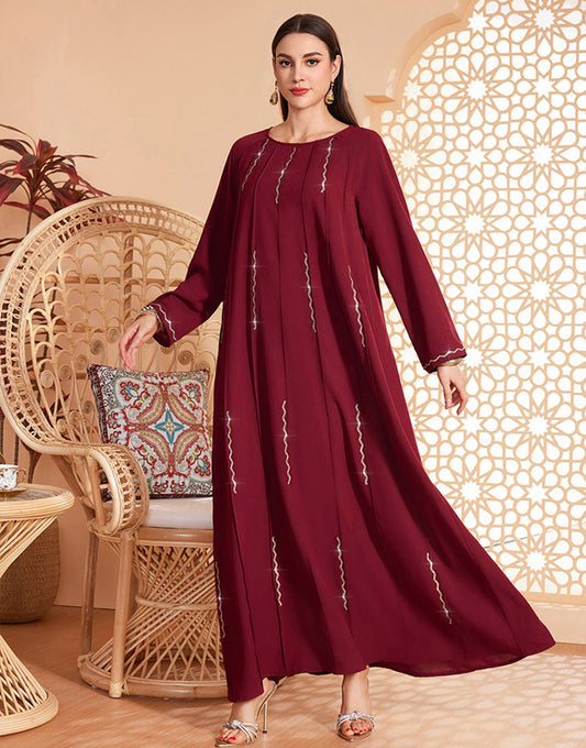 Robe Longue Évasée en Soie Glacée avec Manches Longues