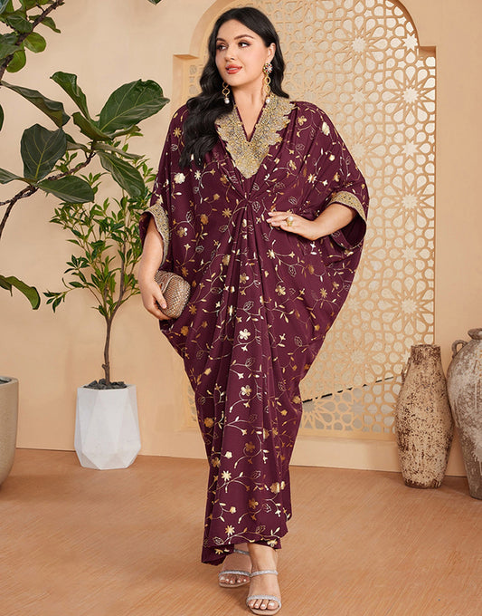 Robe Longue en Forme de Parapluie à Col en V avec Manches Chauve-Souris 5/4