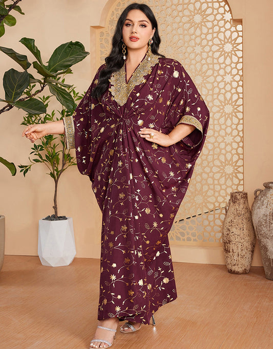 Robe Longue en Forme de Parapluie à Col en V avec Manches Chauve-Souris 5/4