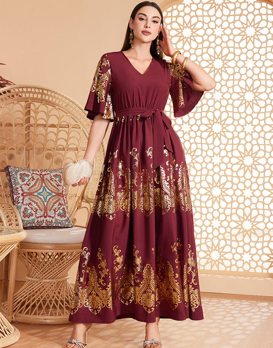 Robe Longue Vintage avec Motif Abstrait et Détails en Feuille d'Or