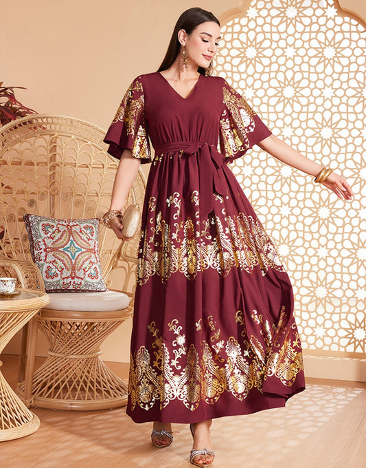 Robe Longue Vintage avec Motif Abstrait et Détails en Feuille d’Or