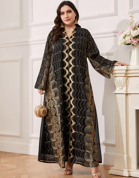 Robe Longue Classique en Chiffon avec Motif Abstrait et Broderies