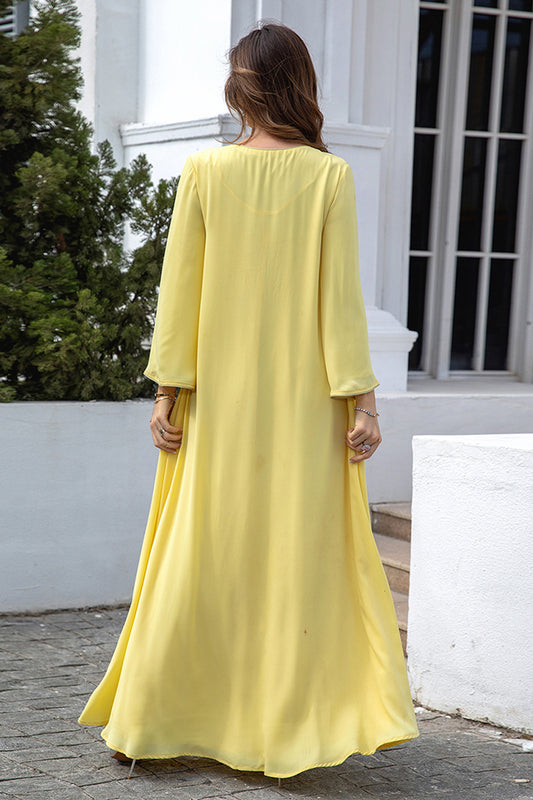 Jaune Col en V Broderie Mousseline de soie Robe Caftan