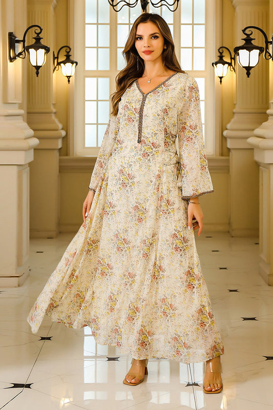 Robe Caftan Col en V Imprimé floral Abricot