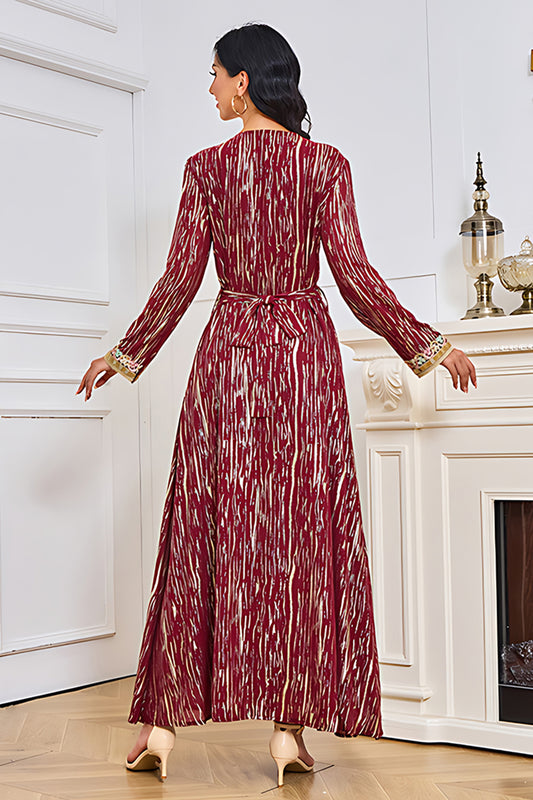 Robe caftan à col en V imprimé bordeaux