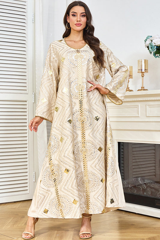 Robe caftan abricot à col rond et perles