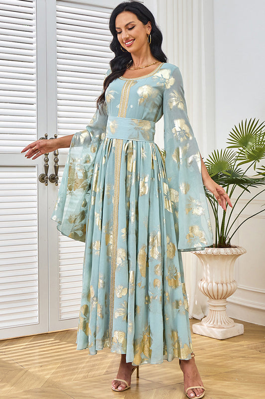 Robe caftan papillon gris vert à col rond