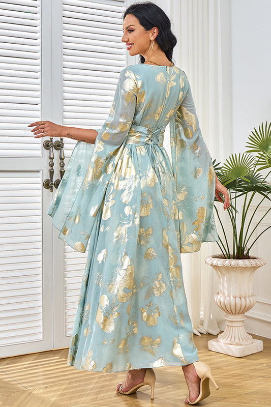 Robe caftan papillon gris vert à col rond