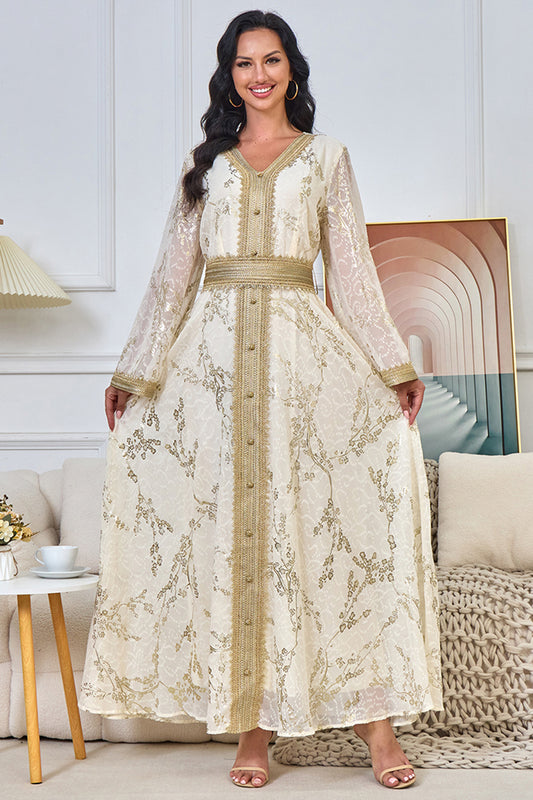 Robe caftan abricot à col en V et broderies