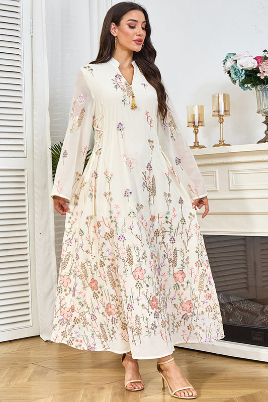 Robe caftan blanche à imprimé floral et col en V