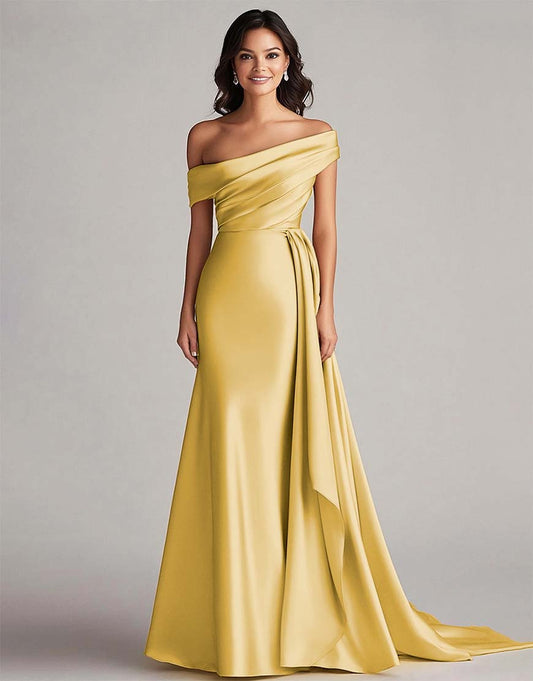 Robe de bal sirène - une épaule, longue plissée eucalyptus, train chapelle