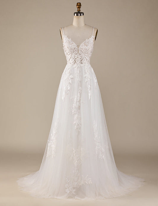 Ivoire A-ligne Tulle Entres-Cross Strains Dos Robe de mariée