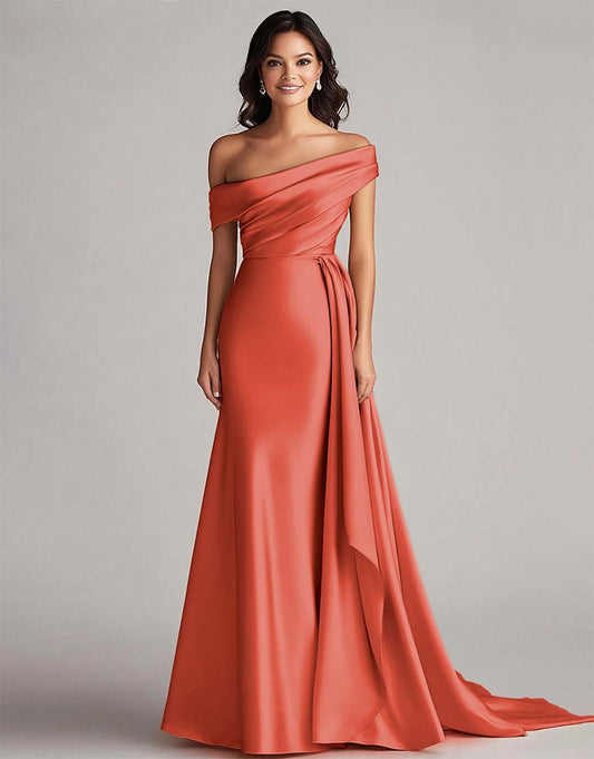 Robe de bal longue en satin moulant, un seul épaule, plissée, avec queue chapelle pour soirées et fêtes spéciales