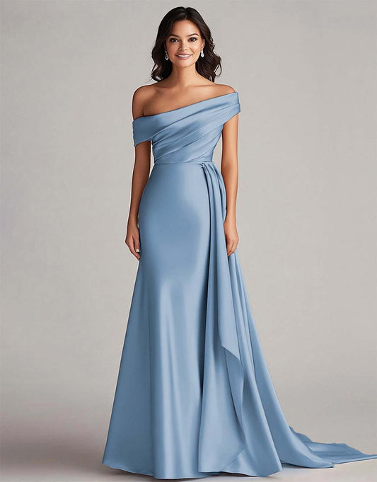 Robe de bal longue en satin moulant, un seul épaule, plissée, avec queue chapelle pour soirées et fêtes spéciales