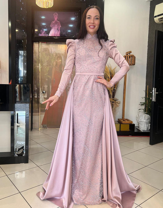 Robe De Soirée Rose à Manches Longues