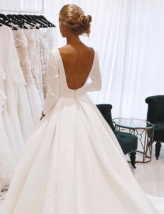 Robe de mariée blanche Vintage Bateau Longue A-Line avec Manches